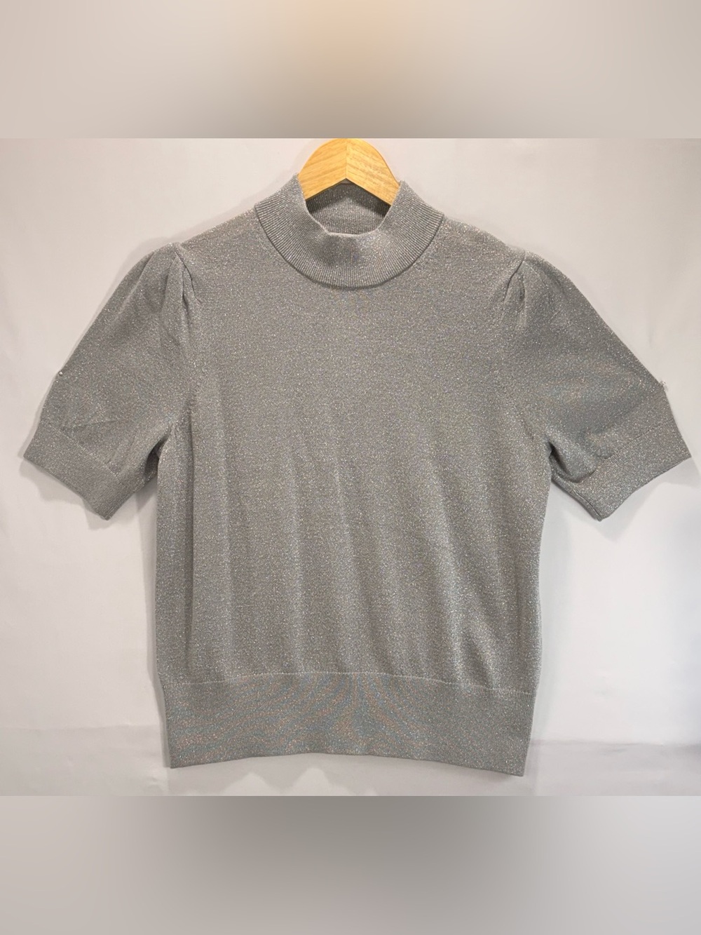 Michael Kors Silver Metallic Short Sleeve Mock Neck Sweater